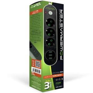 Powermaster 2Metre 10A 3'lü Akım Korumalı Priz 3xUSB Çıkışlı