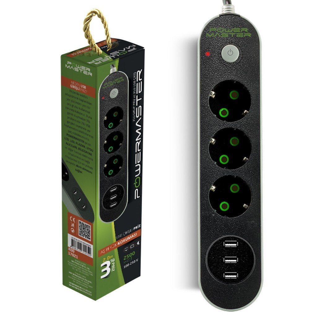 Powermaster 2Metre 10A 3'lü Akım Korumalı Priz 3xUSB Çıkışlı