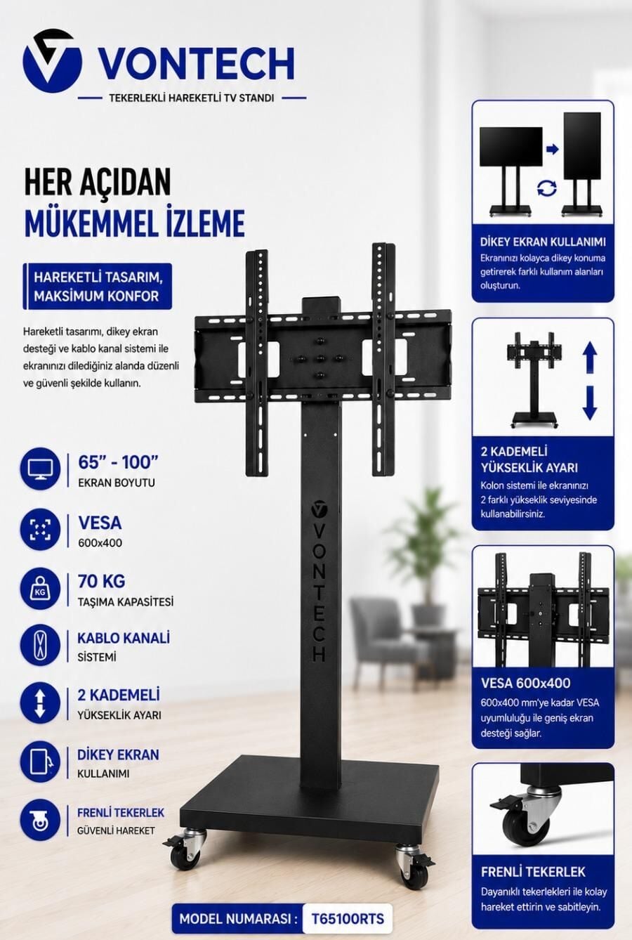 Vontech T65100RTS 65-100'' Tekerlekli Ayaklı Lcd-Led TV Standı