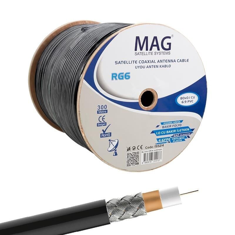 Mag RG6-U6 Bakır Anten Kablosu Siyah 300Metre
