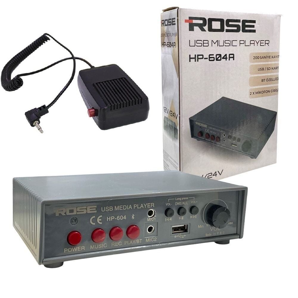 Rose HP-604 DC12-24V Pazarcı Anfi Bluetooth+USB+Ses Kayıtlı Mayk Mikrofonlu Set