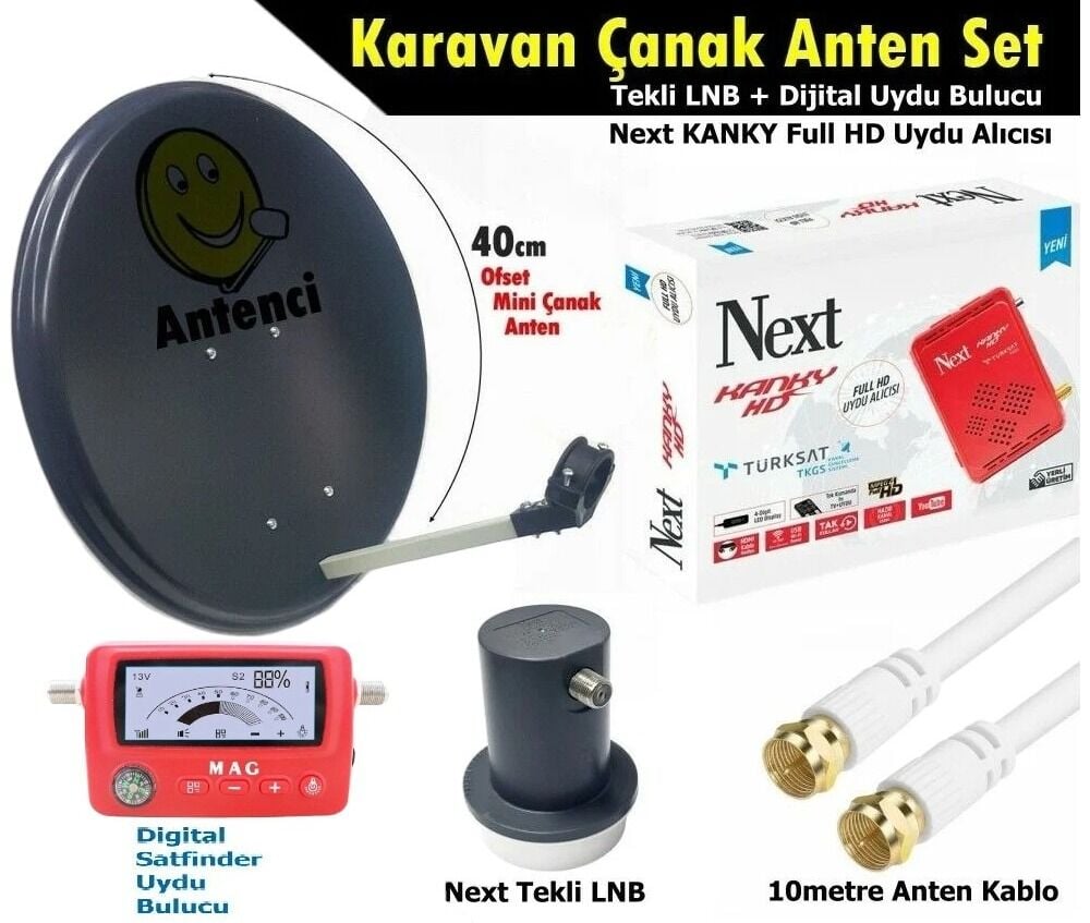 Antenci 40cm Karavan Çanak Anten Seti +Next HD Uydu Alıcısı +Mag Dijital Uydu Bulucu