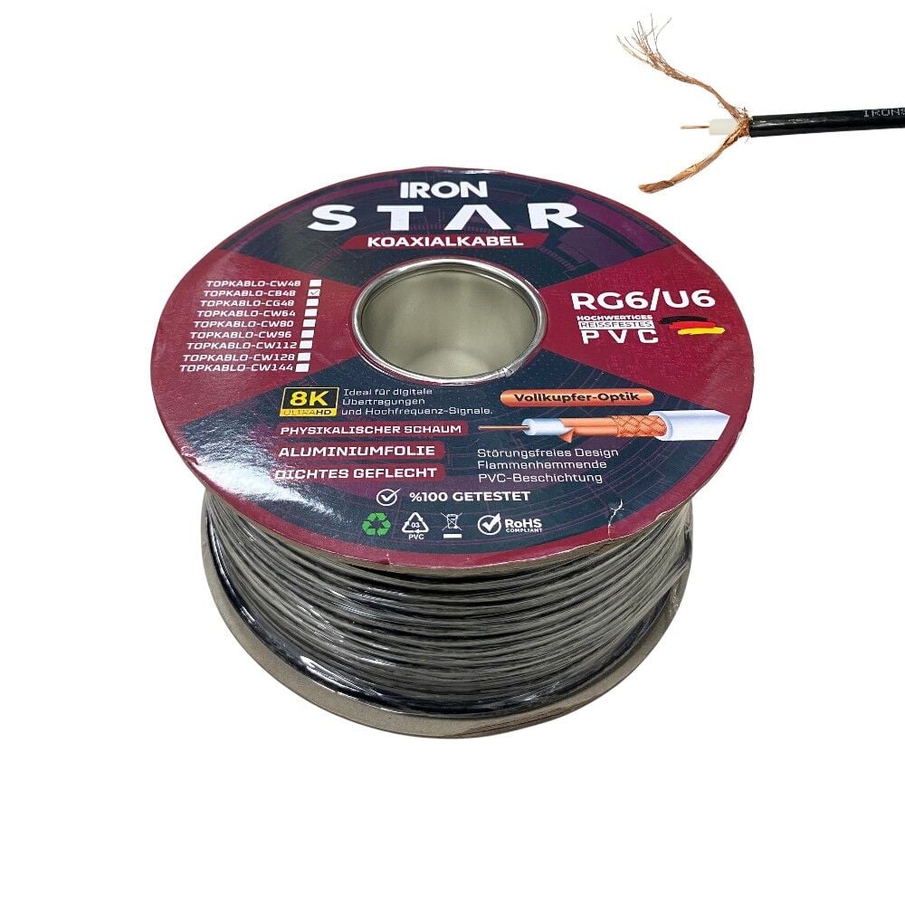 Ironstar RG6U6 Siyah Anten Kablosu 100Metre Gold 48Tel Bakır Kaplama