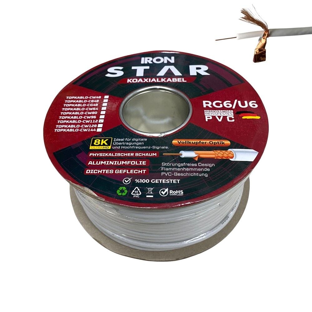 Ironstar RG6U6 Beyaz Anten Kablosu 100Metre Gold 112Tel Bakır Kaplama