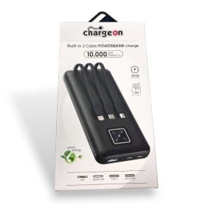 Chargeon 10000mAh Powerbank Dahili Çoklu Kablolu - Siyah