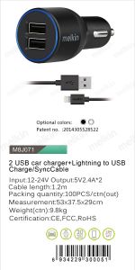 Melkin 2.1A Çift Usb Girişli iPhone5 iPhone6 Araç Çakmak Şarj Seti